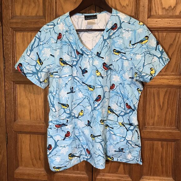 Cherokee Winter Birds Blue  Wrap Top Women's L Cotton Poly Scrubs Loops Pockets - Picture 1 of 6